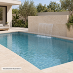 Visualización ilustrativa. Vista general de una cascada empotrada en el muro de una piscina; arquitectura, agua y ambiente mostrados como ejemplo de uso.
