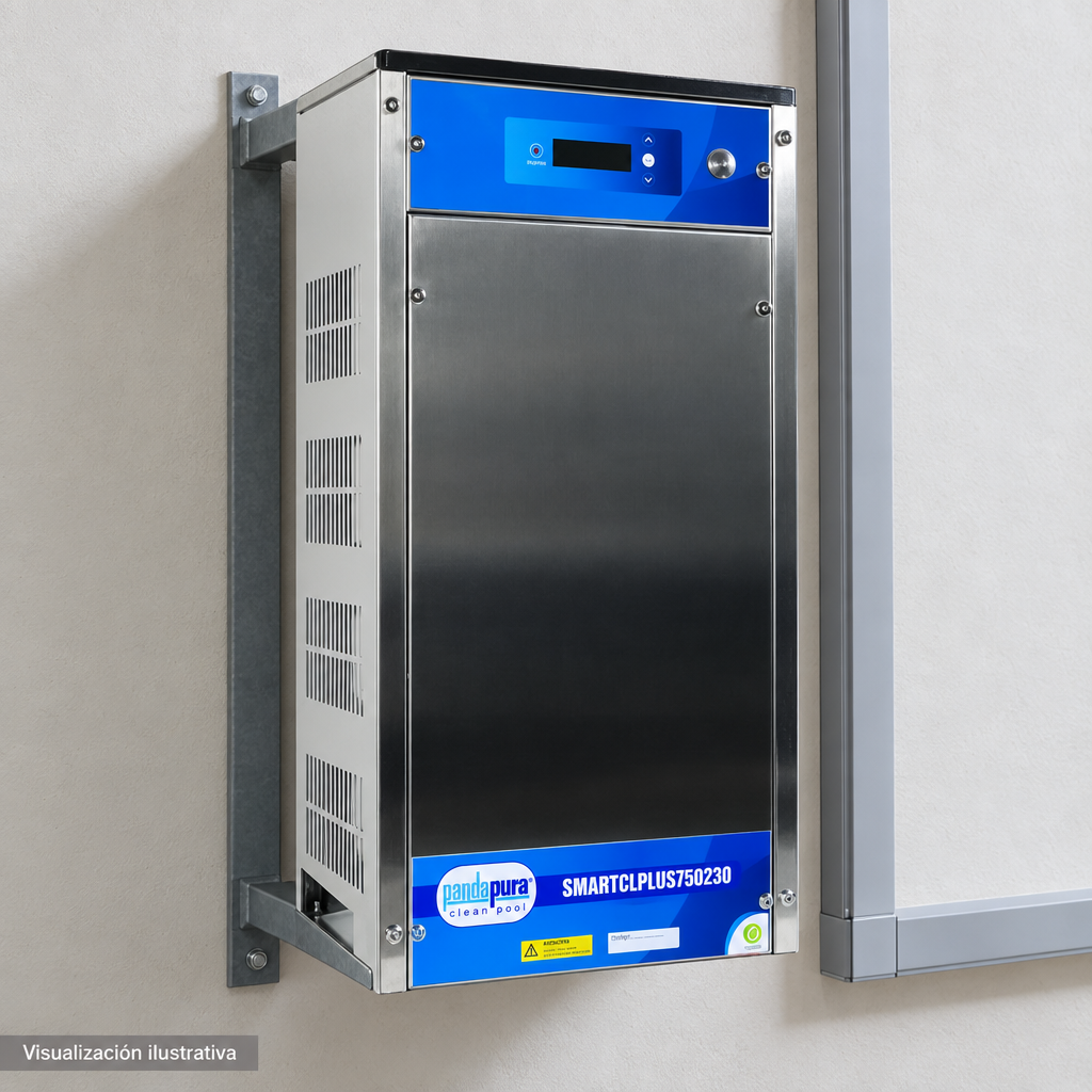 Visualización ilustrativa. Vista cercana del equipo montado SMARTCLPLUS750230 en un área de servicio. La imagen muestra el exterior del gabinete de control; célula y circuito hidráulico quedan fuera del encuadre. No representa todos los componentes de una instalación ni amplía los accesorios incluidos.
