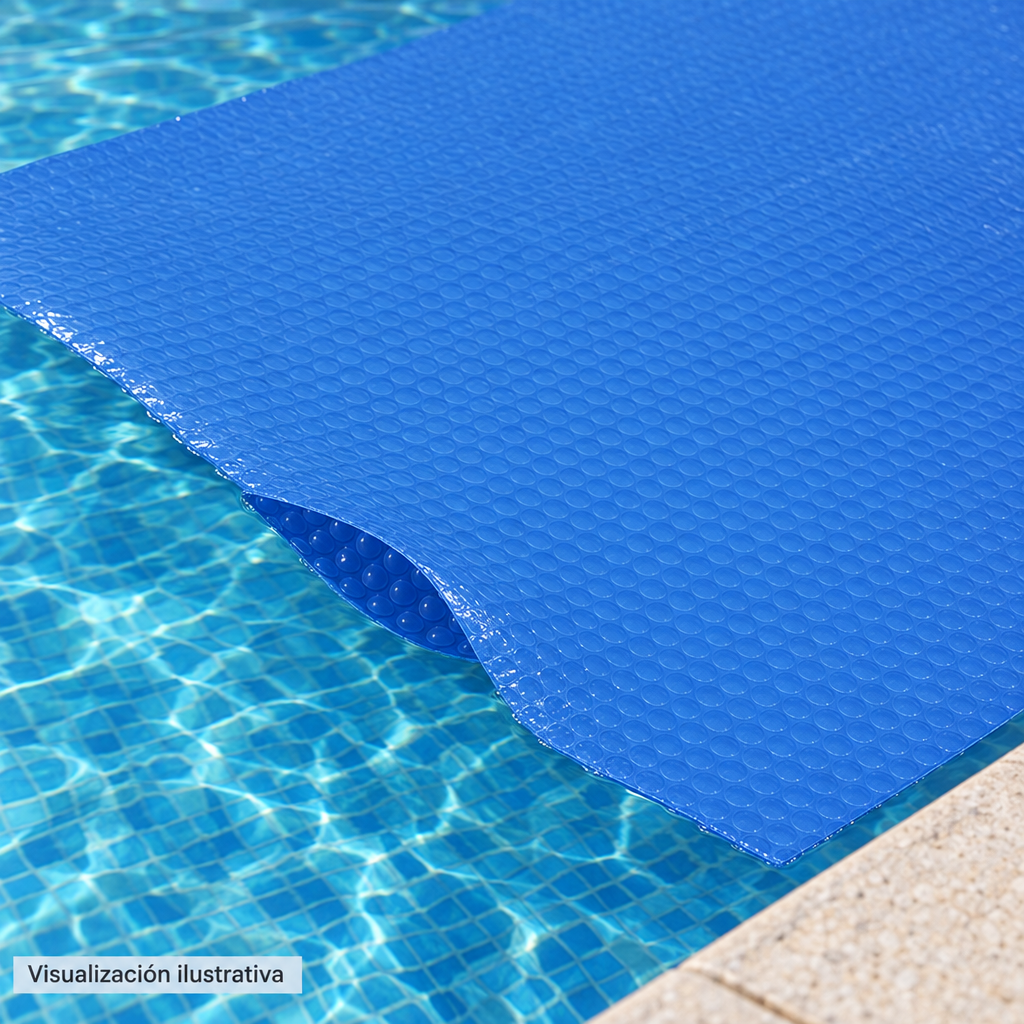 Visualización ilustrativa. Detalle de una sección de la cubierta solar azul CSK-3.9X50-BAP-4 colocada sobre el agua, con cara lisa arriba y burbujas abajo. Se representa una sección cortada del rollo para su aplicación. No representa las dimensiones completas ni la cobertura de toda una piscina.