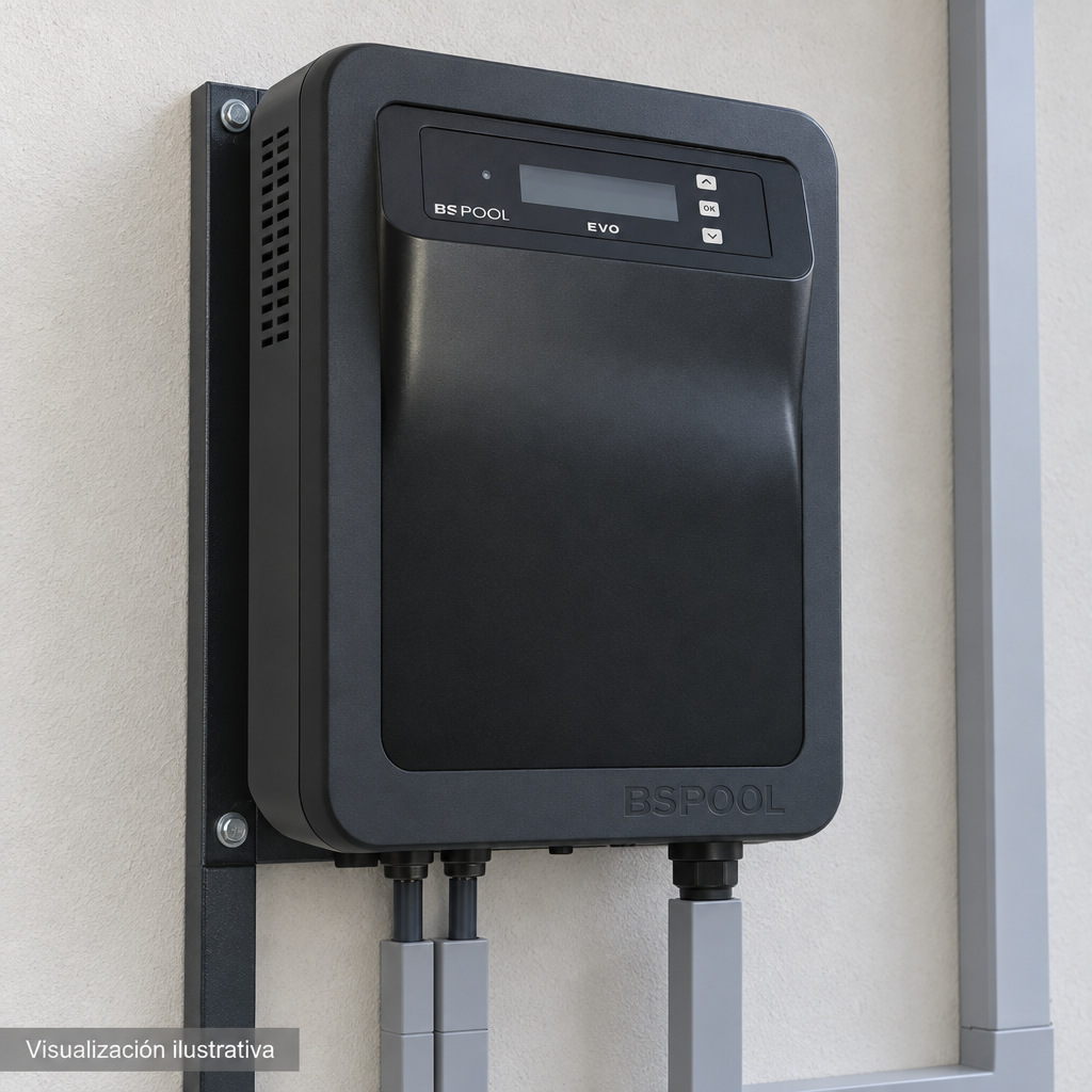 Visualización ilustrativa. Vista cercana del equipo montado SMARTCLPLUS70230 en un área de servicio. La imagen muestra el exterior del gabinete de control; célula y circuito hidráulico quedan fuera del encuadre. No representa todos los componentes de una instalación ni amplía los accesorios incluidos.