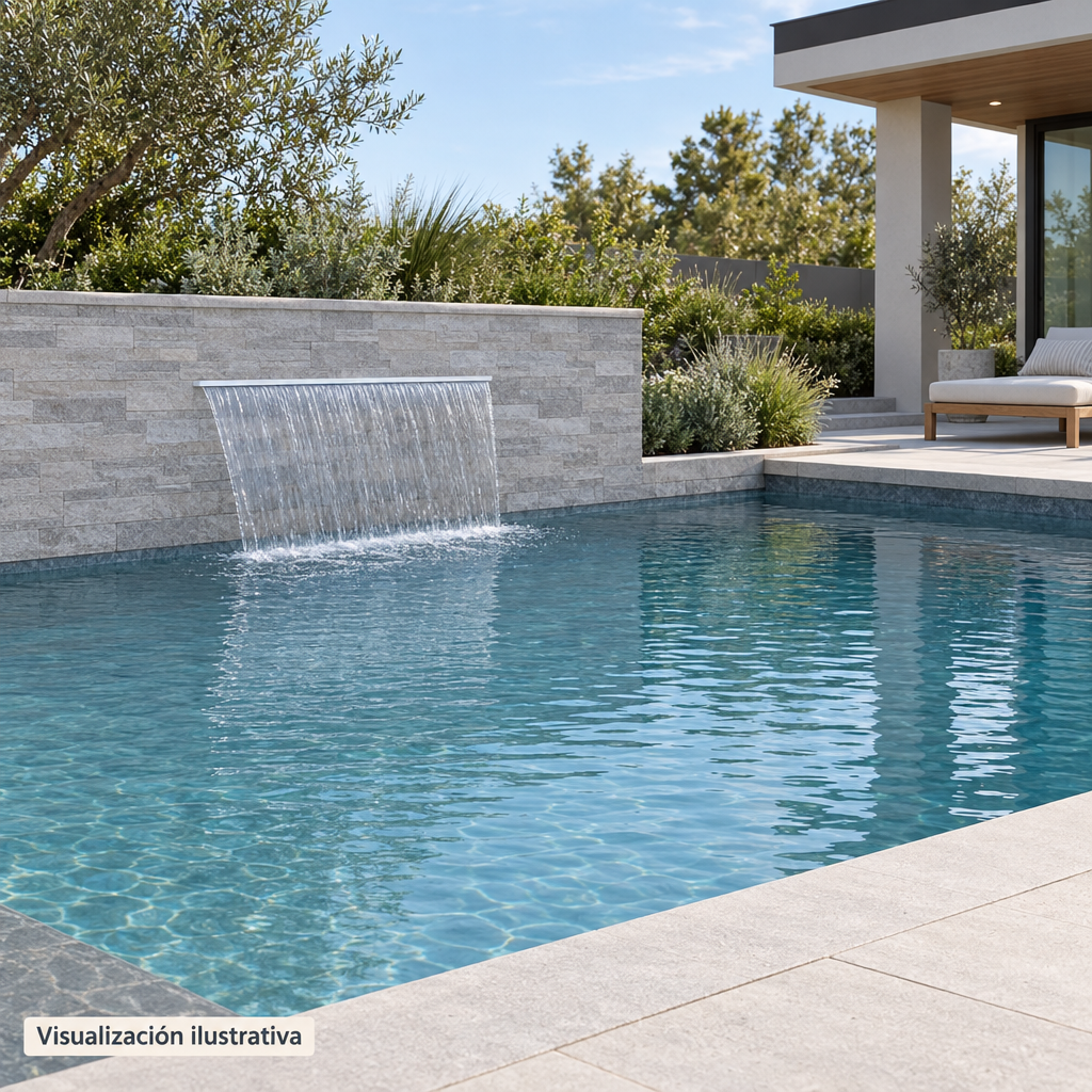 Visualización ilustrativa. Vista general de una cascada empotrada en el muro de una piscina; arquitectura, agua y ambiente mostrados como ejemplo de uso.