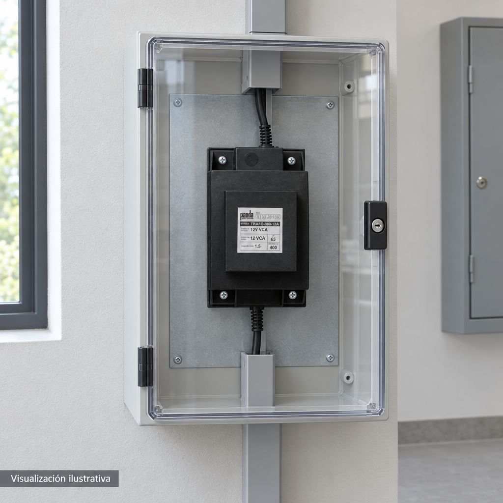 Visualización ilustrativa. Ejemplo de ubicación instalada TRAFO-300-12A en un área de servicio. Gabinete auxiliar, canaletas y soportes son elementos contextuales. No representa todos los componentes de una instalación ni amplía los accesorios incluidos.