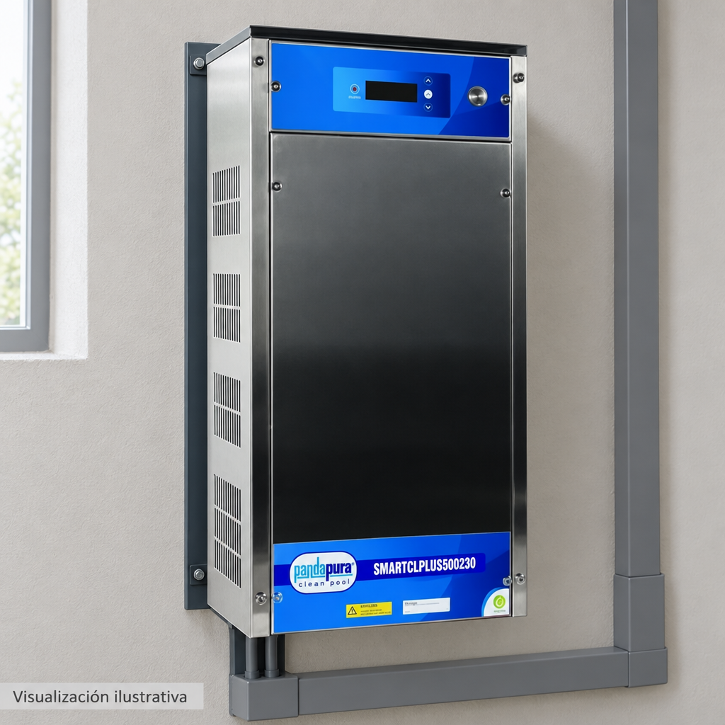 Visualización ilustrativa. Vista cercana del equipo montado SMARTCLPLUS500230 en un área de servicio. La imagen muestra el exterior del gabinete de control; célula y circuito hidráulico quedan fuera del encuadre. No representa todos los componentes de una instalación ni amplía los accesorios incluidos.
