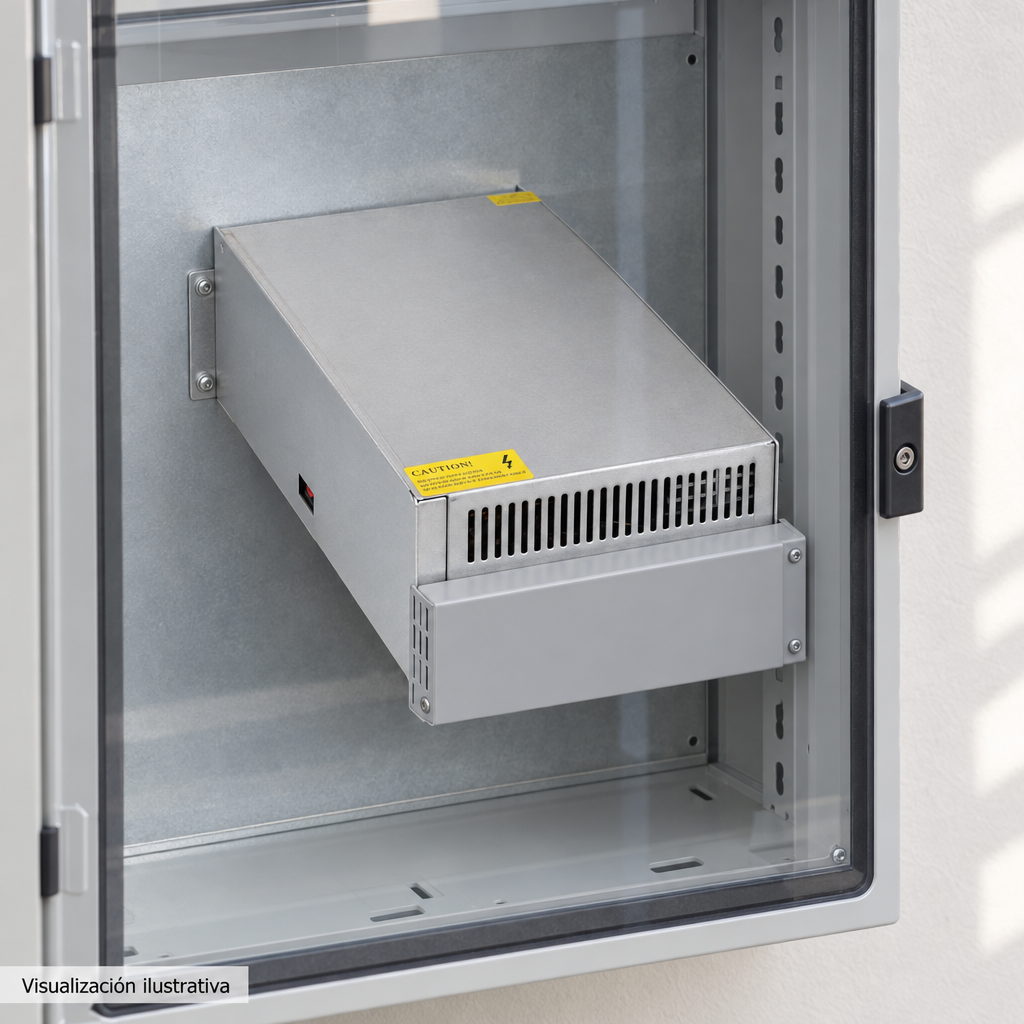 Visualización ilustrativa. Ejemplo de ubicación instalada TRAFO-500-12D en un área de servicio. Gabinete auxiliar, canaletas y soportes son elementos contextuales. No representa todos los componentes de una instalación ni amplía los accesorios incluidos.
