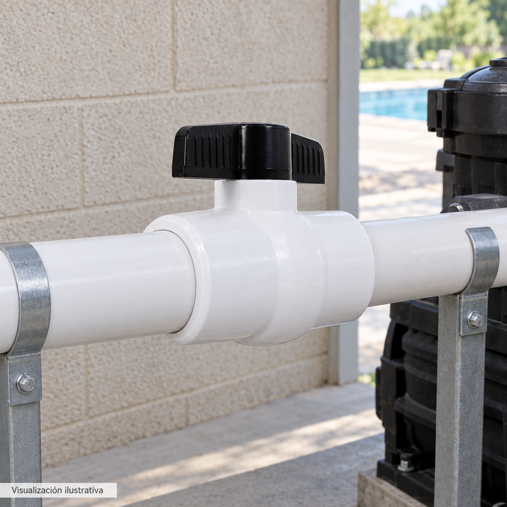 Visualización ilustrativa. Ejemplo contextual de la válvula PA-VB-2UPVC-C instalada en tubería para piscina. Tuberías, adaptadores y soportes se muestran como contexto; no implica que estén incluidos.