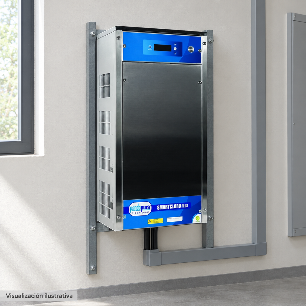 Visualización ilustrativa. Ejemplo de ubicación instalada SMARTCLPLUS1000230 en un área de servicio. La imagen muestra el exterior del gabinete de control; célula y circuito hidráulico quedan fuera del encuadre. No representa todos los componentes de una instalación ni amplía los accesorios incluidos.