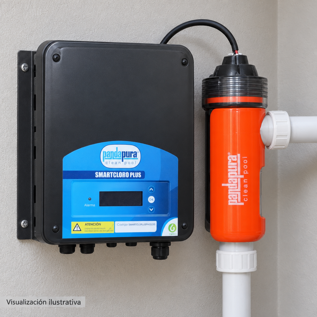 Visualización ilustrativa. Vista cercana del equipo montado SMARTCLPLUSPH15230 en un área de servicio. Tuberías, adaptadores y soportes se muestran como contexto. No representa todos los componentes de una instalación ni amplía los accesorios incluidos.