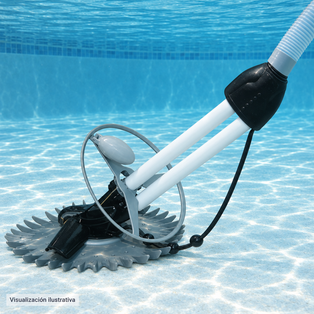 Visualización ilustrativa. Barredora semiautomática trabajando sumergida sobre el fondo de una piscina, con manguera conectada como contexto de uso.