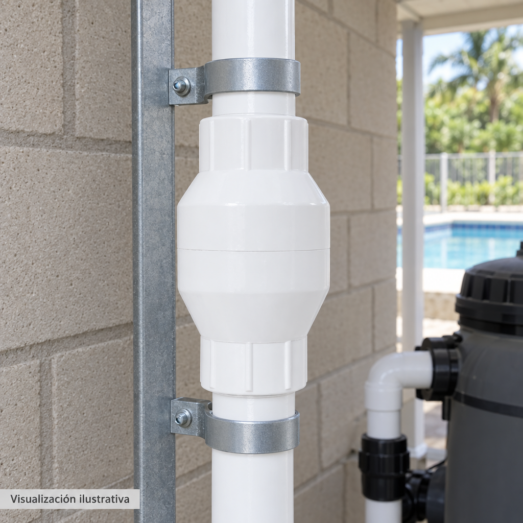 Visualización ilustrativa. Ejemplo contextual de la válvula PA-VC-1.5PVCR instalada en tubería para piscina. Tuberías, adaptadores y soportes se muestran como contexto; no implica que estén incluidos.