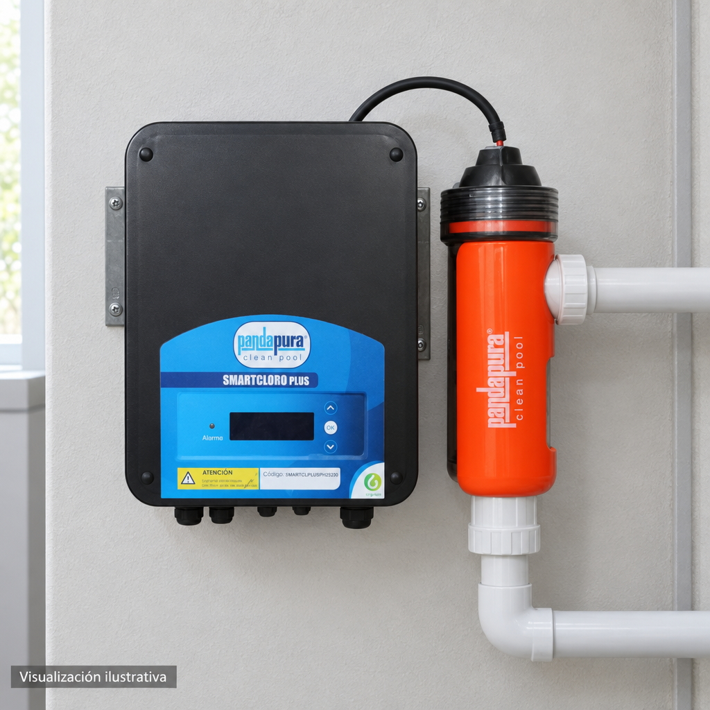 Visualización ilustrativa. Ejemplo de ubicación instalada SMARTCLPLUSPH25230 en un área de servicio. Tuberías, adaptadores y soportes se muestran como contexto. No representa todos los componentes de una instalación ni amplía los accesorios incluidos.