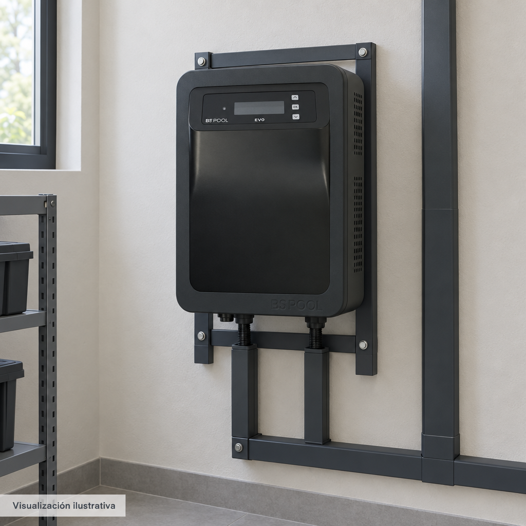 Visualización ilustrativa. Ejemplo de ubicación instalada SMARTCLPLUS100230 en un área de servicio. La imagen muestra el exterior del gabinete de control; célula y circuito hidráulico quedan fuera del encuadre. No representa todos los componentes de una instalación ni amplía los accesorios incluidos.