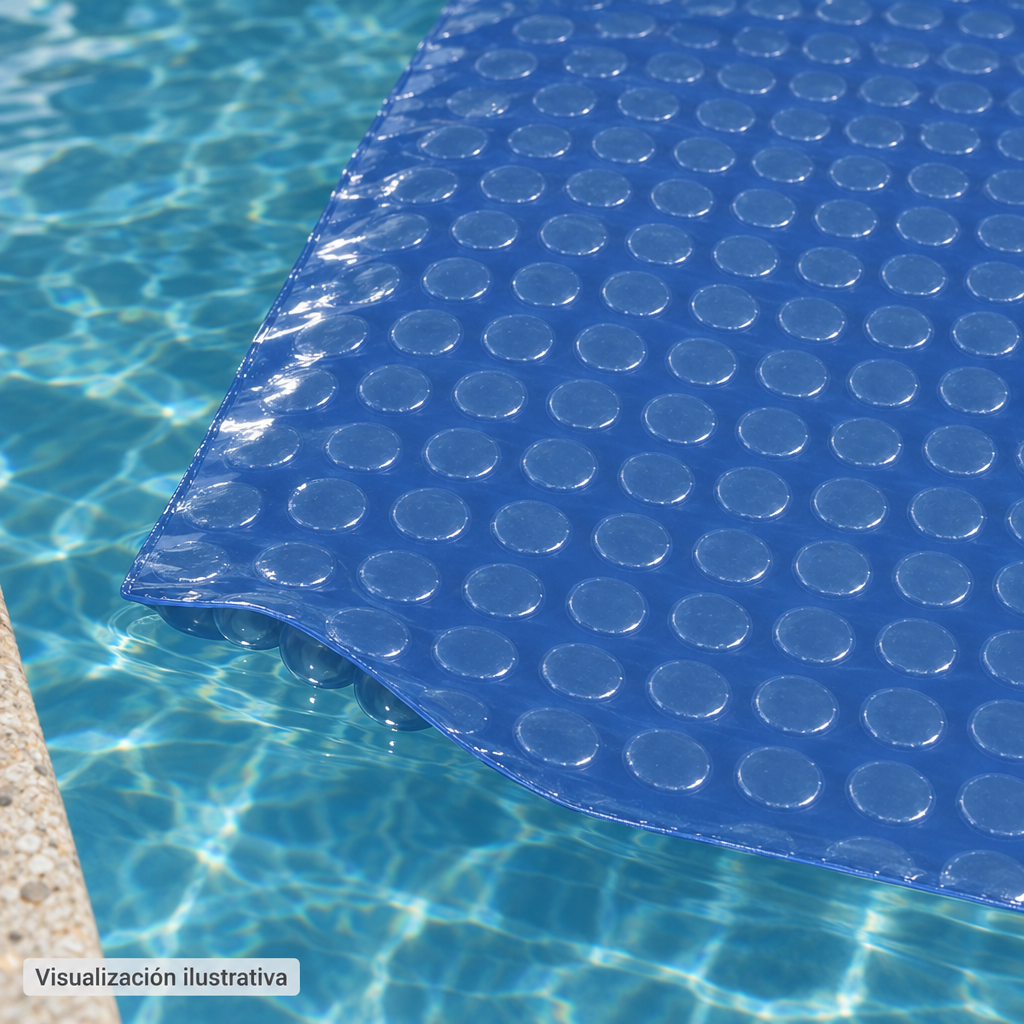 Visualización ilustrativa. Acercamiento de una sección de la cubierta solar azul CSK-2.5X1-BAP-4 sobre el agua, con la cara lisa hacia arriba y las burbujas hacia abajo. Se muestra un detalle de aplicación, no la cobertura completa de una piscina.
