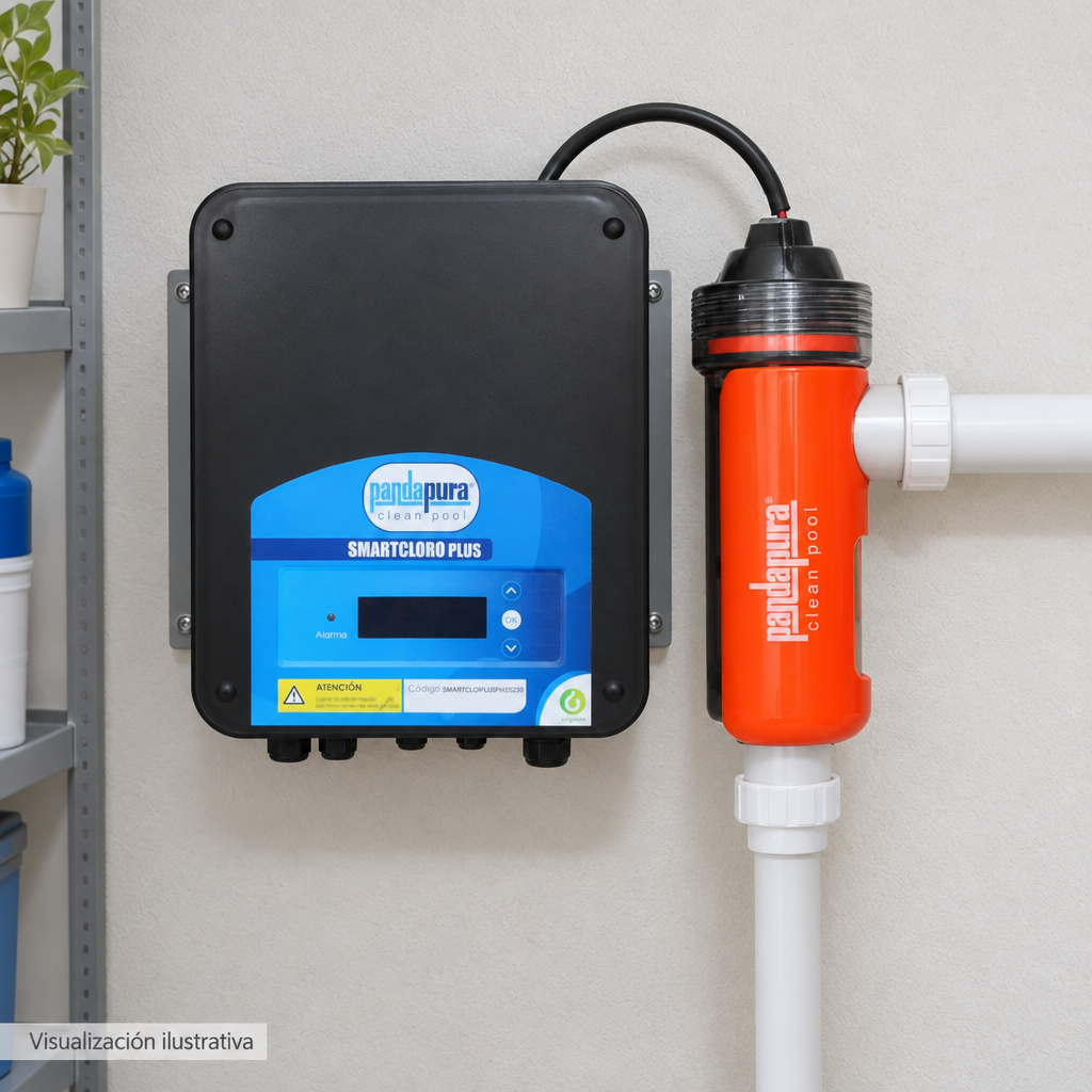 Visualización ilustrativa. Ejemplo de ubicación instalada SMARTCLPLUSPH15230 en un área de servicio. Tuberías, adaptadores y soportes se muestran como contexto. No representa todos los componentes de una instalación ni amplía los accesorios incluidos.