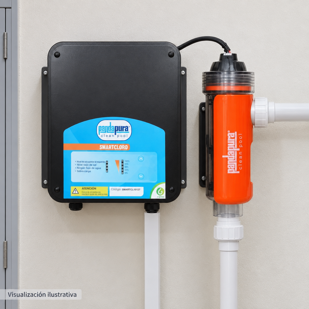Visualización ilustrativa. Ejemplo de ubicación instalada SMARTCL15127 en un área de servicio. Tuberías, adaptadores y soportes se muestran como contexto. No representa todos los componentes de una instalación ni amplía los accesorios incluidos.