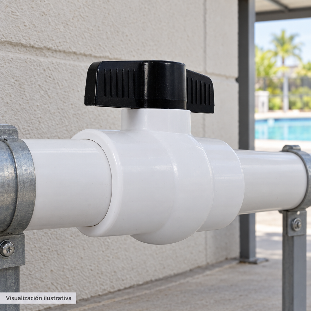 Visualización ilustrativa. Ejemplo contextual de la válvula PA-VB-1UPVC-C instalada en tubería para piscina. Tuberías, adaptadores y soportes se muestran como contexto; no implica que estén incluidos.