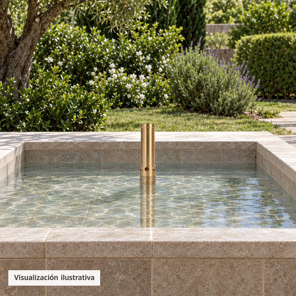 Visualización ilustrativa. Vista general de una boquilla instalada en una fuente terminada y apagada; vaso y entorno mostrados como contexto de uso.