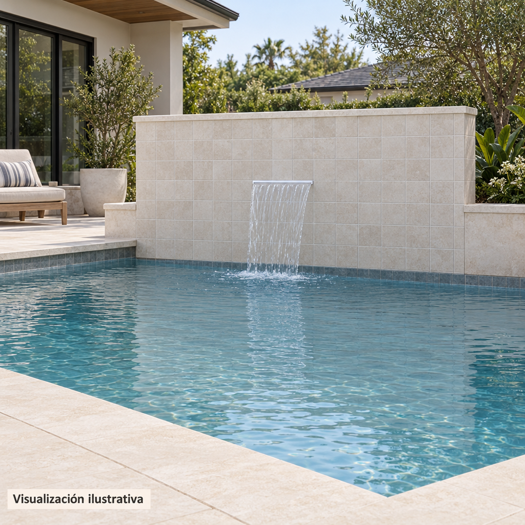 Visualización ilustrativa. Vista general de una pequeña cascada empotrada en el muro de una piscina; materiales y ambiente como ejemplo de aplicación.