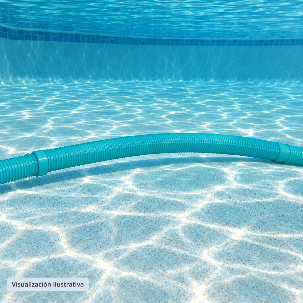Visualización ilustrativa. Tramo flexible conectado a otras secciones de manguera bajo el agua de una piscina.