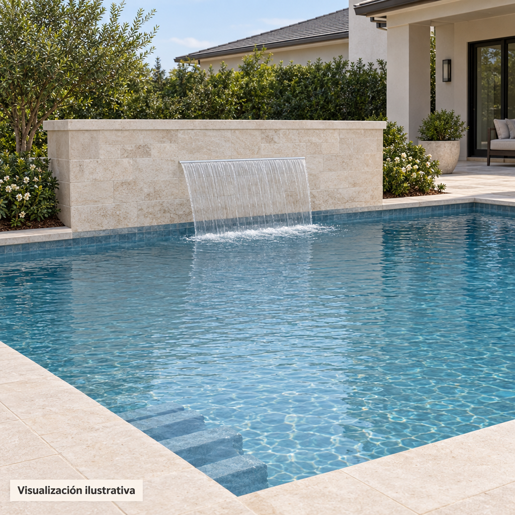 Visualización ilustrativa. Vista general de una cascada empotrada en el muro de una piscina; arquitectura, agua y ambiente mostrados como ejemplo de uso.