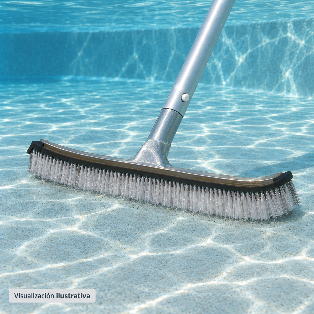 Visualización ilustrativa. Cepillo para piscina en uso sobre una superficie compatible. El maneral y el entorno representan la aplicación y no indican accesorios incluidos.