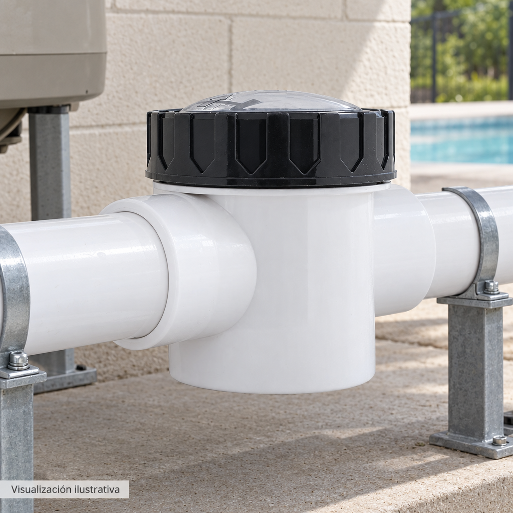 Visualización ilustrativa. Ejemplo contextual de la válvula PA-VC-2PVC-C instalada en tubería para piscina. Tuberías, adaptadores y soportes se muestran como contexto; no implica que estén incluidos.