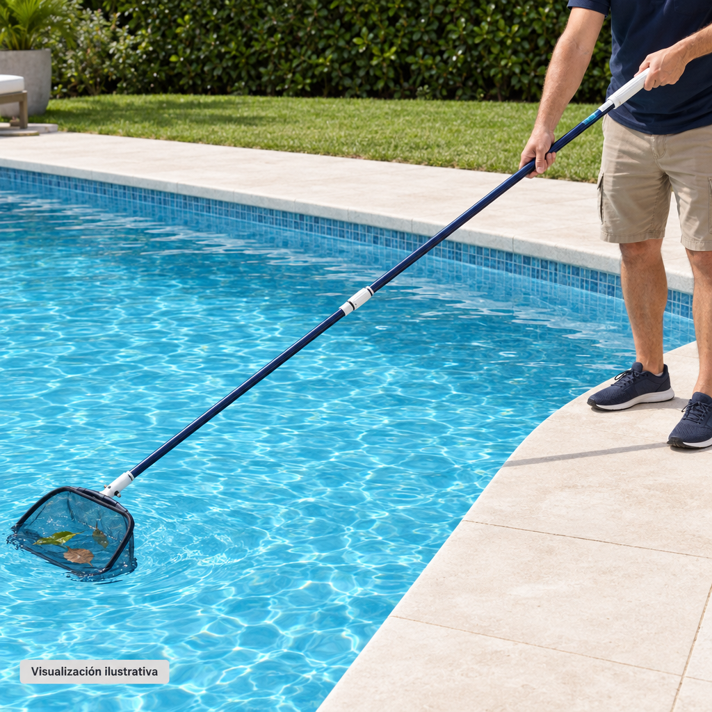 Visualización ilustrativa. Maneral telescópico utilizado desde el andador para recoger hojas de la piscina. La red y el entorno son elementos de aplicación; su aparición no indica que estén incluidos.