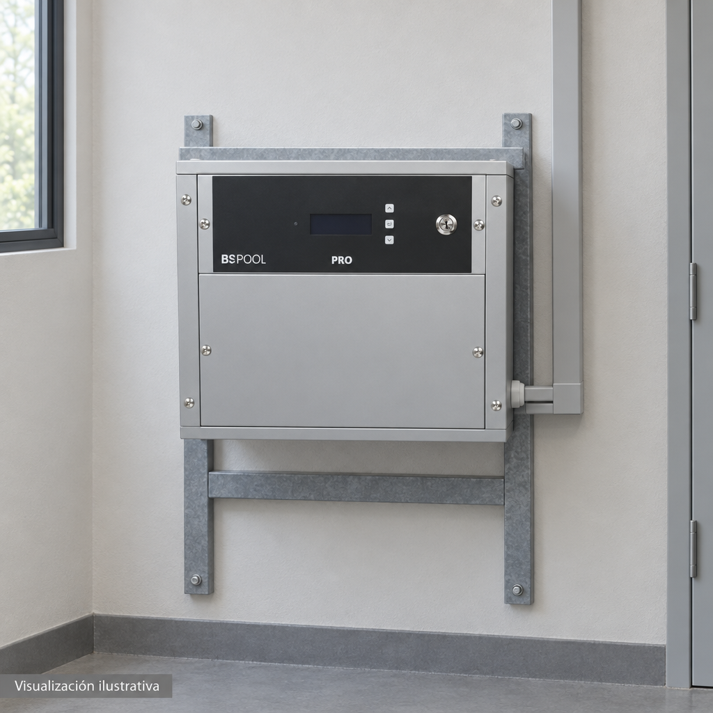 Visualización ilustrativa. Ejemplo de ubicación instalada SMARTCLPLUS250230 en un área de servicio. La imagen muestra el exterior del gabinete de control; célula y circuito hidráulico quedan fuera del encuadre. No representa todos los componentes de una instalación ni amplía los accesorios incluidos.