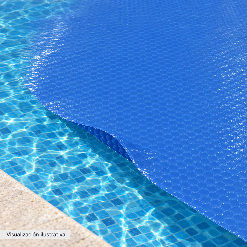 Visualización ilustrativa. Detalle de una sección de la cubierta solar azul CSK-2.9X50-BAP-4 colocada sobre el agua, con cara lisa arriba y burbujas abajo. Se representa una sección cortada del rollo para su aplicación. No representa las dimensiones completas ni la cobertura de toda una piscina.