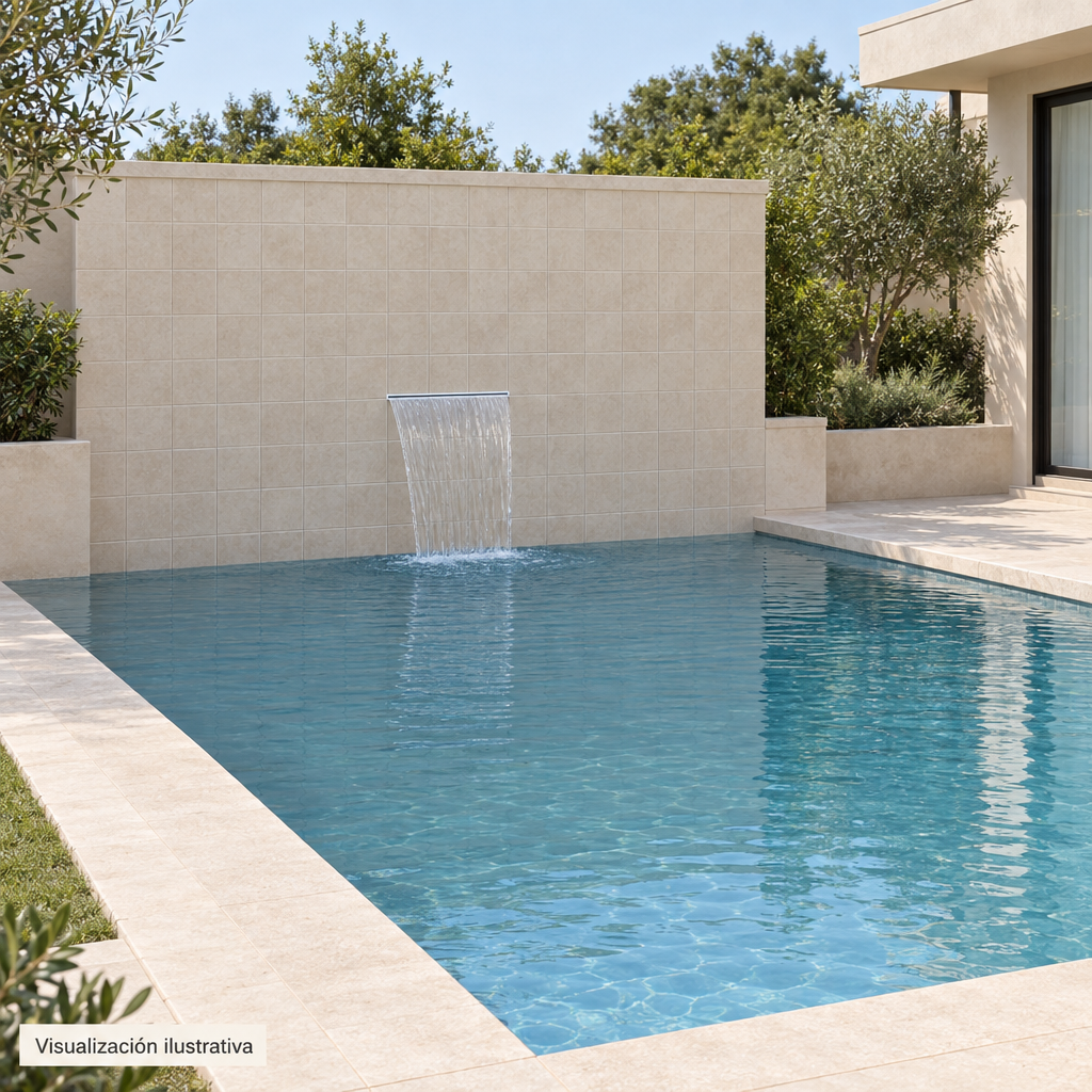 Visualización ilustrativa. Vista general de una pequeña cascada empotrada en el muro de una piscina; materiales y ambiente como ejemplo de aplicación.