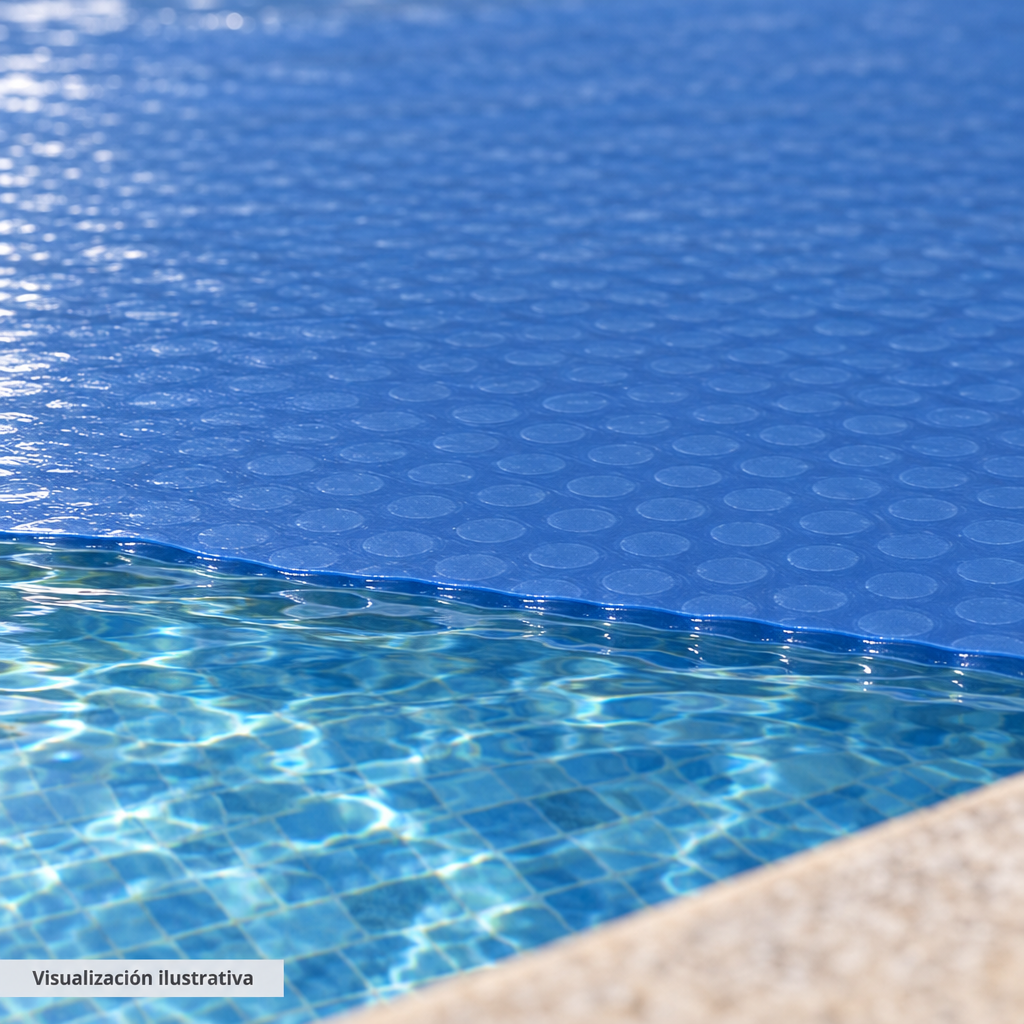 Visualización ilustrativa. Vista a nivel del agua de una sección de la cubierta solar azul CSK-2.9X1-BAP-4 colocada sobre el agua, con cara lisa arriba y burbujas abajo. La fotografía muestra sólo un detalle de aplicación. No representa las dimensiones completas ni la cobertura de toda una piscina.
