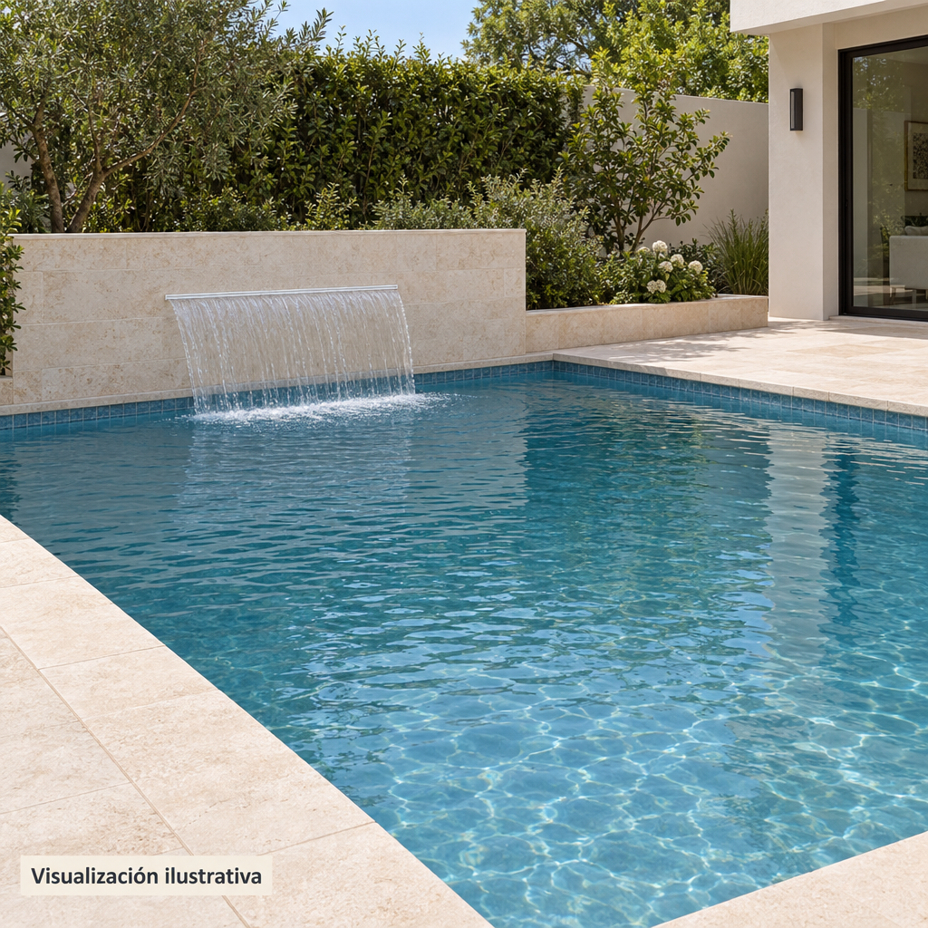 Visualización ilustrativa. Vista general de una cascada empotrada en el muro de una piscina; arquitectura, agua y ambiente mostrados como ejemplo de uso.