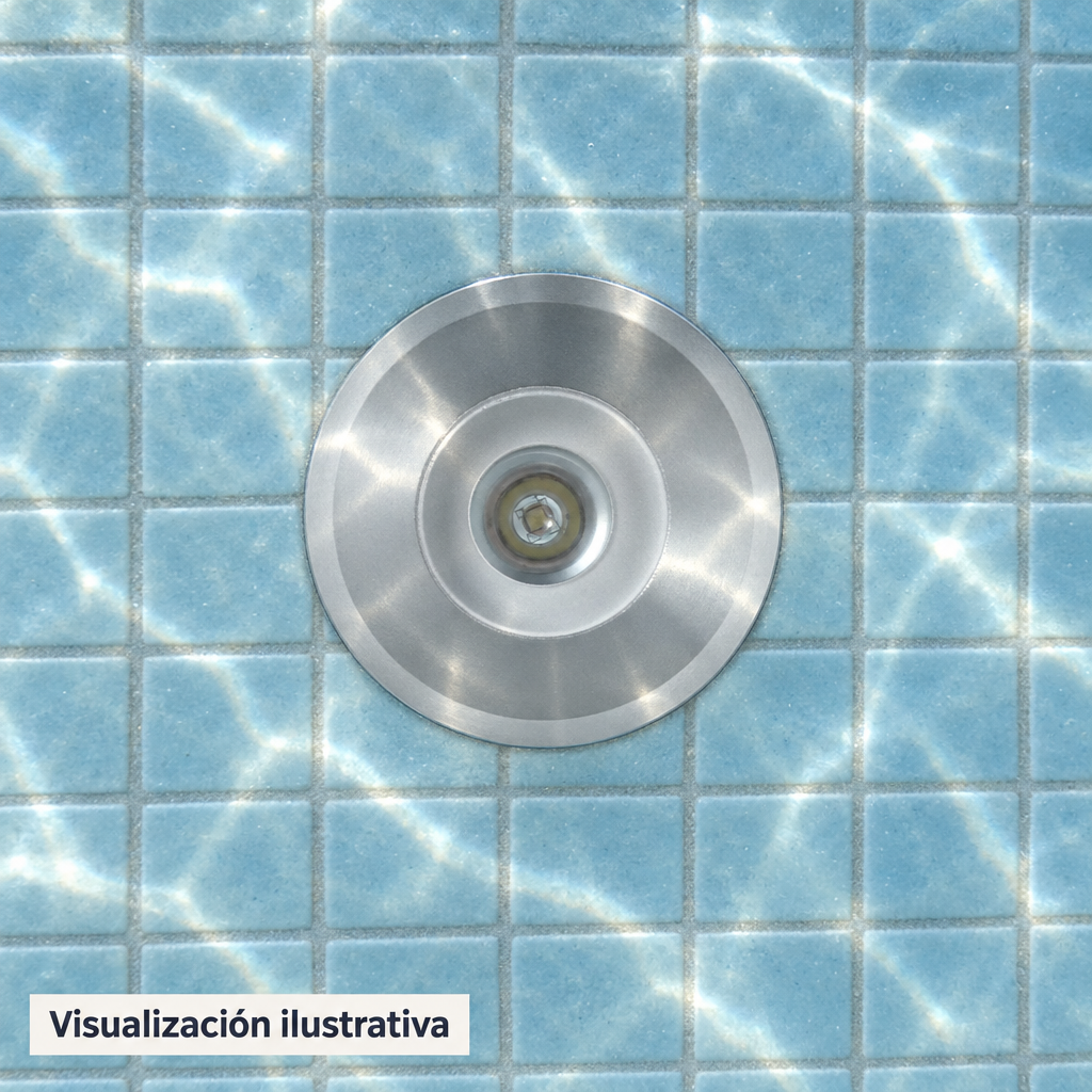 Visualización ilustrativa. Detalle frontal de la lámpara bajo el agua en una piscina terminada; revestimiento y ambiente mostrados como ejemplo.