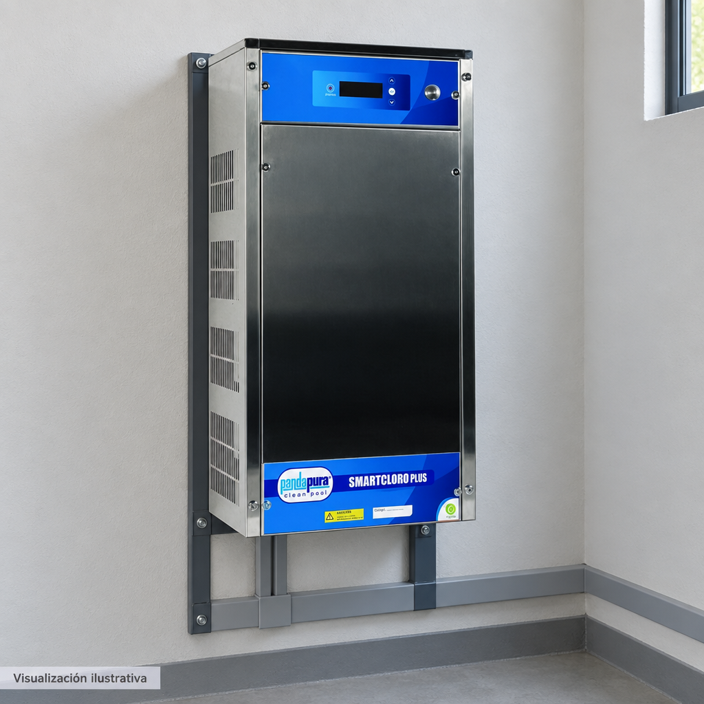 Visualización ilustrativa. Ejemplo de ubicación instalada SMARTCLPLUS500230 en un área de servicio. La imagen muestra el exterior del gabinete de control; célula y circuito hidráulico quedan fuera del encuadre. No representa todos los componentes de una instalación ni amplía los accesorios incluidos.