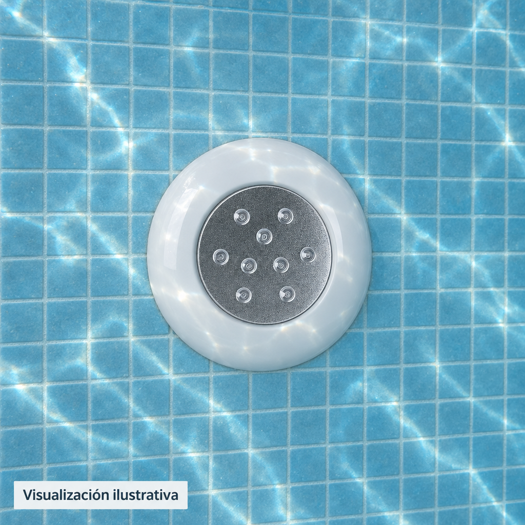 Visualización ilustrativa. Detalle frontal de la lámpara bajo el agua en una piscina terminada; revestimiento y ambiente mostrados como ejemplo.