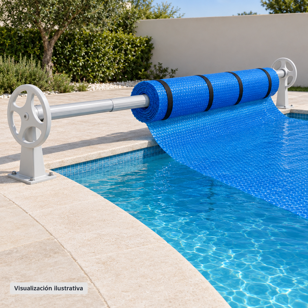 Visualización ilustrativa. Aplicación de un componente de enrolladora con cubierta solar parcialmente recogida junto a una piscina. Los demás elementos del sistema se muestran como contexto y no indican que estén incluidos.