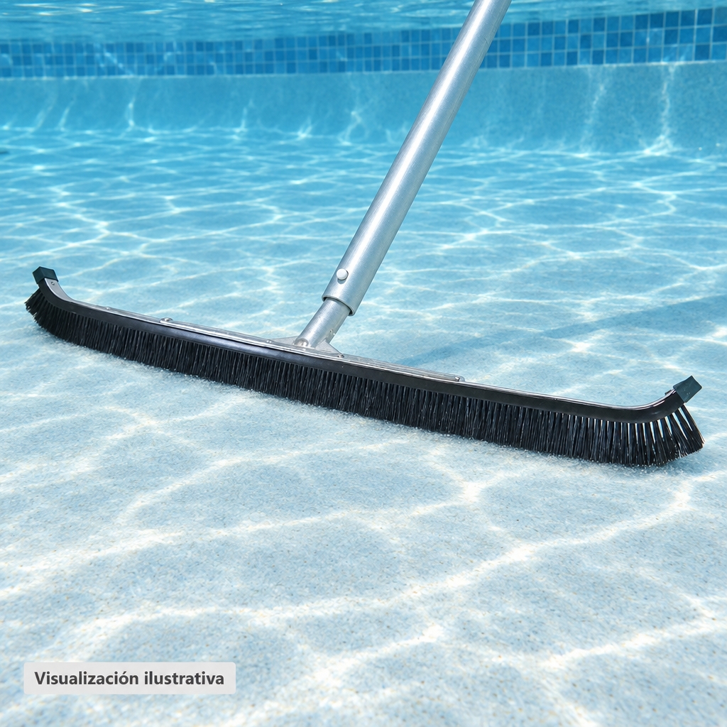 Visualización ilustrativa. Cepillo para piscina en uso sobre una superficie compatible. El maneral y el entorno representan la aplicación y no indican accesorios incluidos.