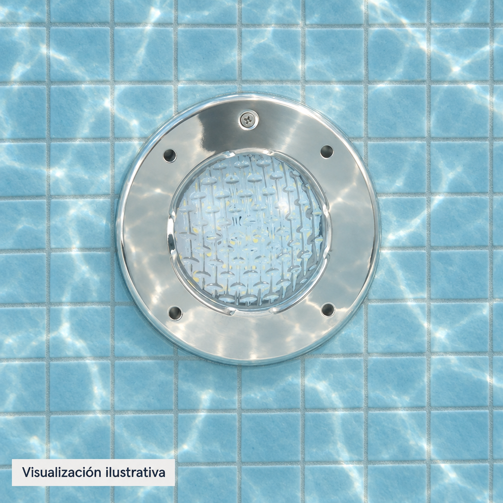 Visualización ilustrativa. Detalle frontal de la lámpara bajo el agua en una piscina terminada; revestimiento y ambiente mostrados como ejemplo.
