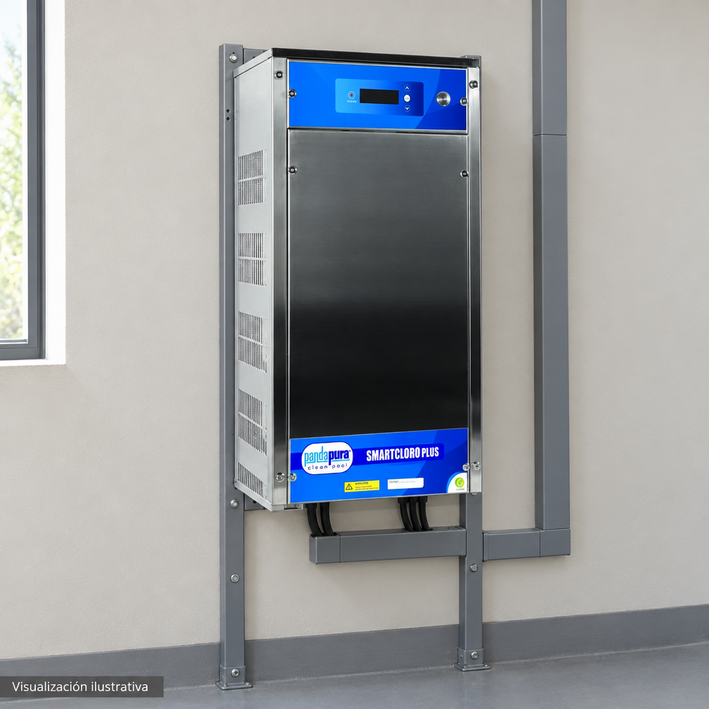 Visualización ilustrativa. Ejemplo de ubicación instalada SMARTCLPLUS750230 en un área de servicio. La imagen muestra el exterior del gabinete de control; célula y circuito hidráulico quedan fuera del encuadre. No representa todos los componentes de una instalación ni amplía los accesorios incluidos.
