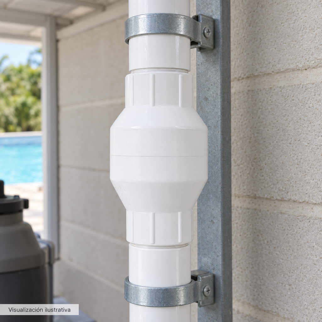 Visualización ilustrativa. Ejemplo contextual de la válvula PA-VC-1.5PVCR instalada en tubería para piscina. Tuberías, adaptadores y soportes se muestran como contexto; no implica que estén incluidos.