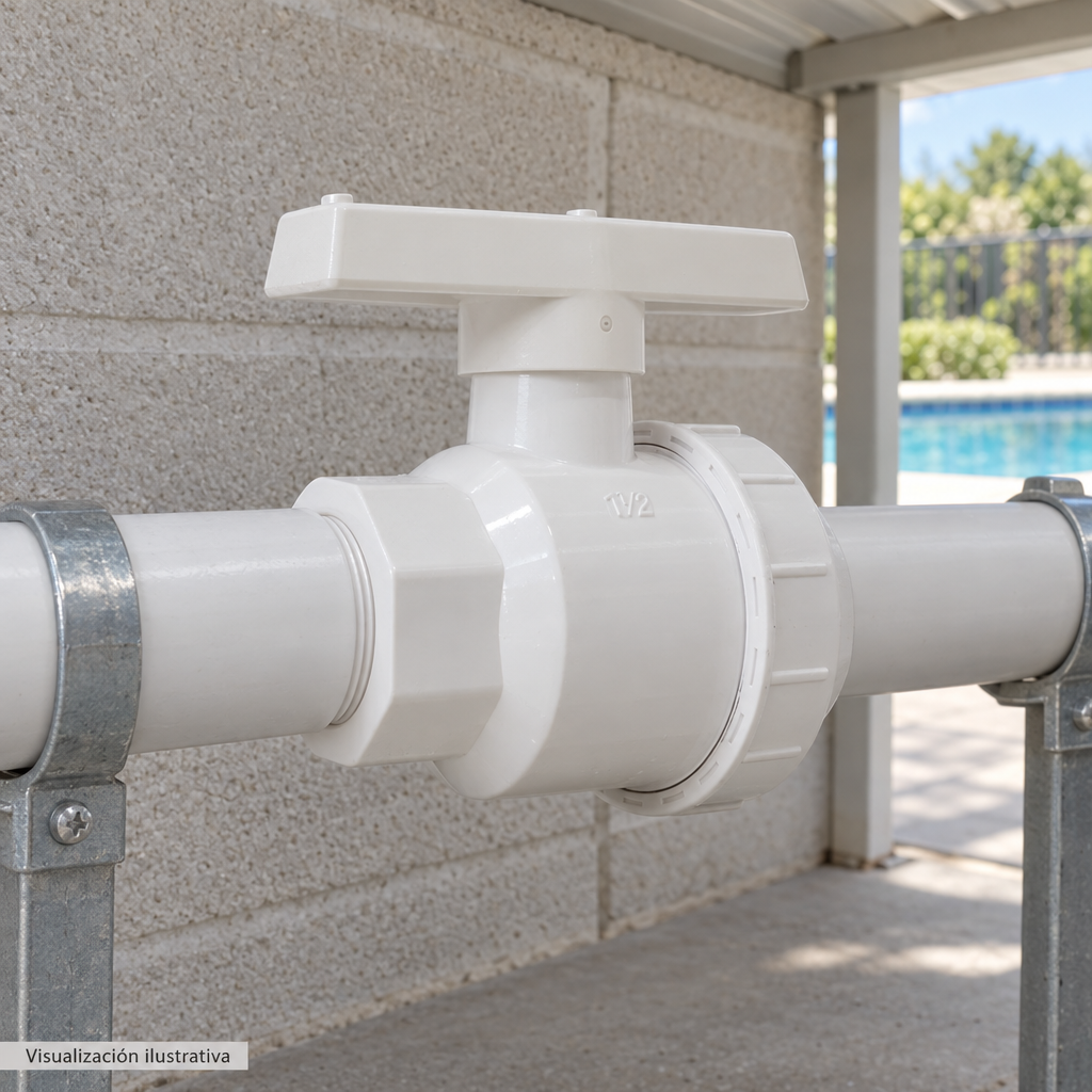 Visualización ilustrativa. Ejemplo contextual de la válvula PA-VB-1.5PVCR instalada en tubería para piscina. Tuberías, adaptadores y soportes se muestran como contexto; no implica que estén incluidos.