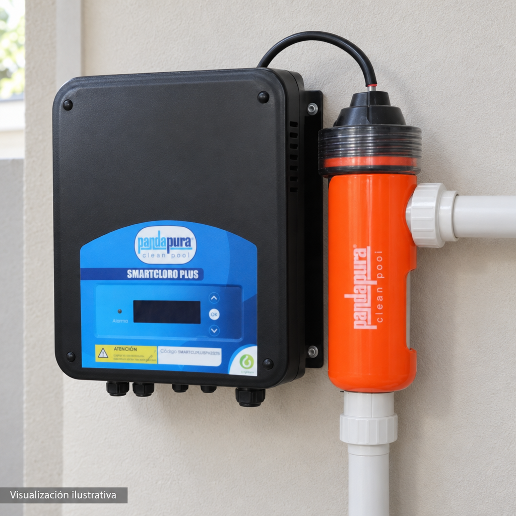 Visualización ilustrativa. Vista cercana del equipo montado SMARTCLPLUSPH25230 en un área de servicio. Tuberías, adaptadores y soportes se muestran como contexto. No representa todos los componentes de una instalación ni amplía los accesorios incluidos.