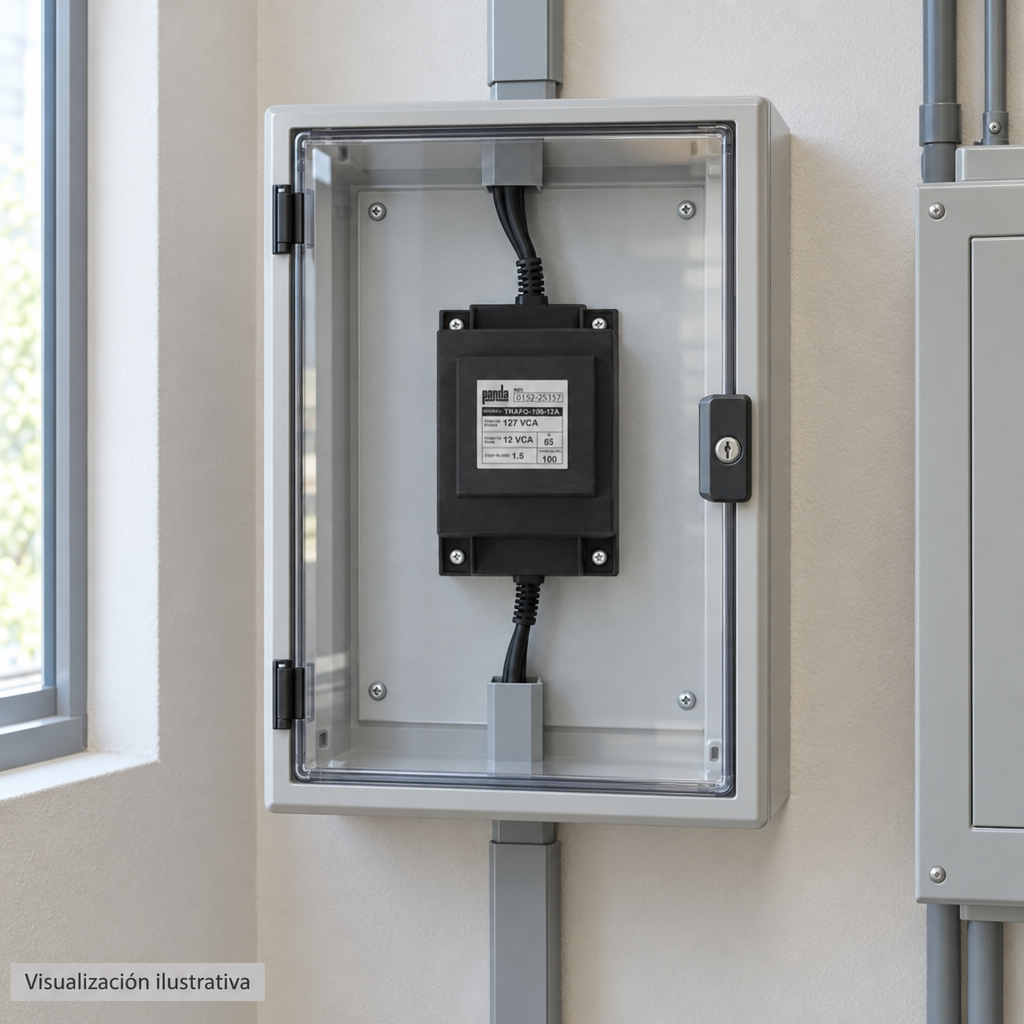 Visualización ilustrativa. Ejemplo de ubicación instalada TRAFO-100-12A en un área de servicio. Gabinete auxiliar, canaletas y soportes son elementos contextuales. No representa todos los componentes de una instalación ni amplía los accesorios incluidos.