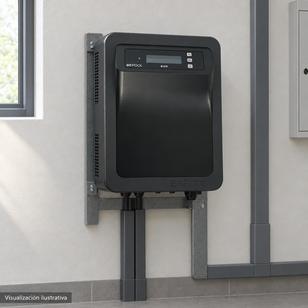 Visualización ilustrativa. Ejemplo de ubicación instalada SMARTCLPLUS50230 en un área de servicio. La imagen muestra el exterior del gabinete de control; célula y circuito hidráulico quedan fuera del encuadre. No representa todos los componentes de una instalación ni amplía los accesorios incluidos.