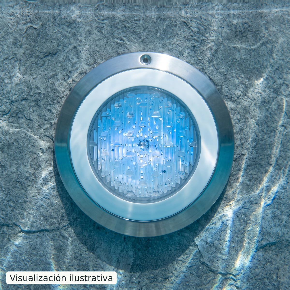Visualización ilustrativa. Detalle de la lámpara para piscina colocada bajo el agua.