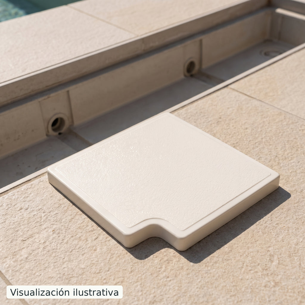 Visualización ilustrativa. Pieza preparada junto al área de construcción de una piscina, antes de su montaje. Ejemplo de contexto de uso.