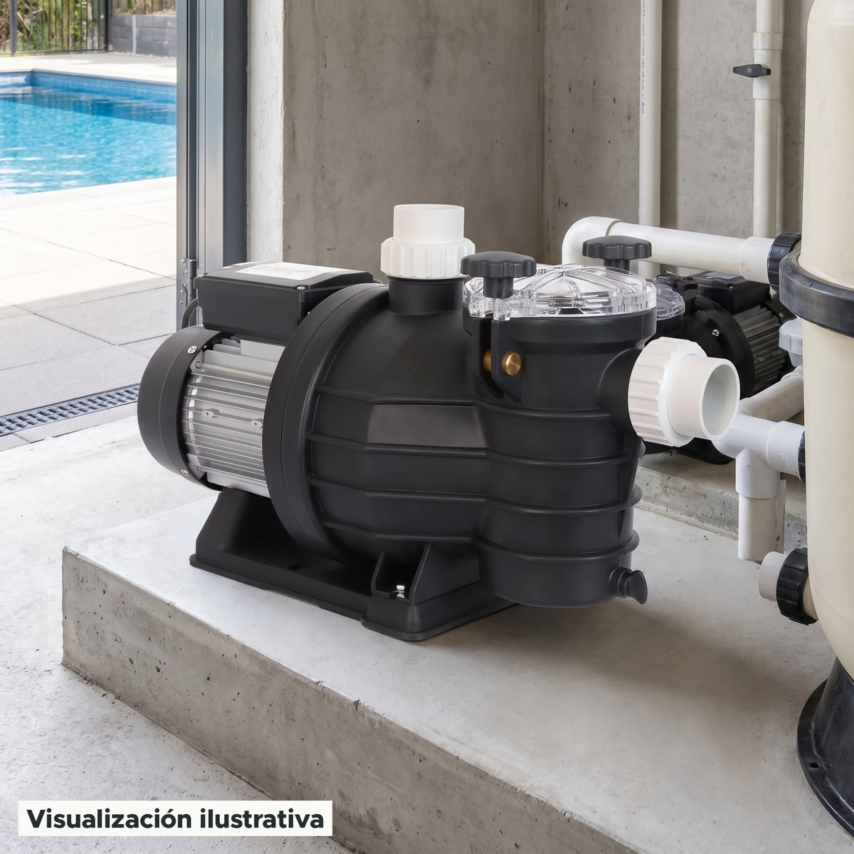 Visualización ilustrativa. Vista del equipo para piscina en un entorno de preparación para su instalación.