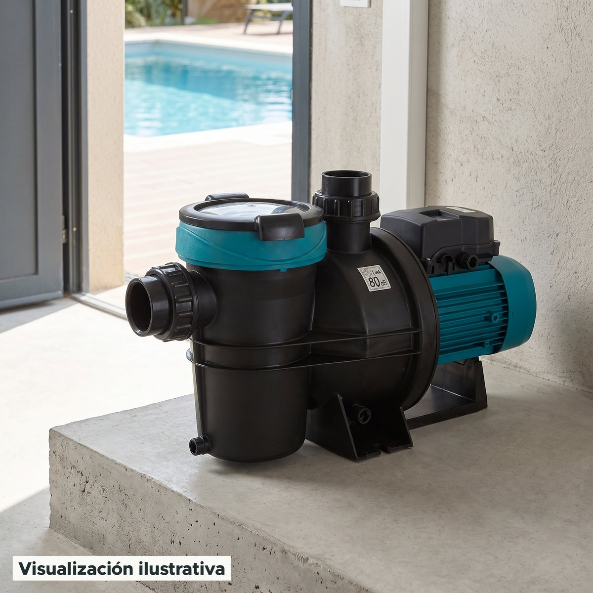 Visualización ilustrativa. Vista del equipo para piscina en un entorno de preparación para su instalación.