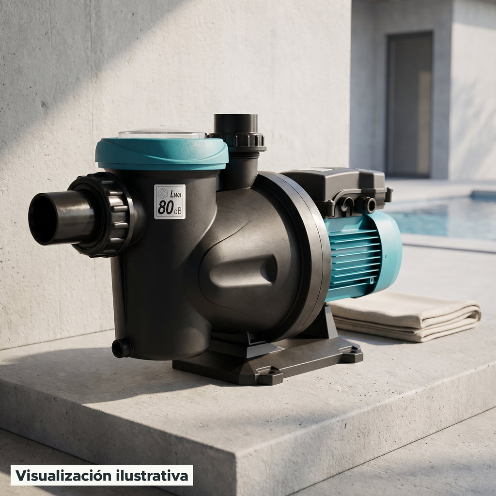 Visualización ilustrativa. Vista del equipo para piscina en un entorno de preparación para su instalación.