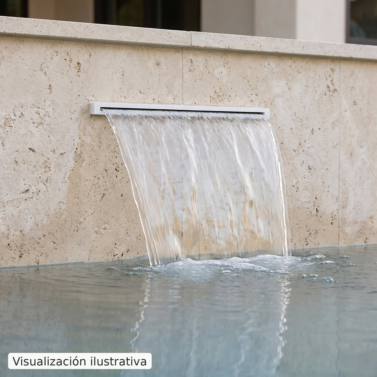 Visualización ilustrativa. Ejemplo de una cascada para piscina integrada en un muro.