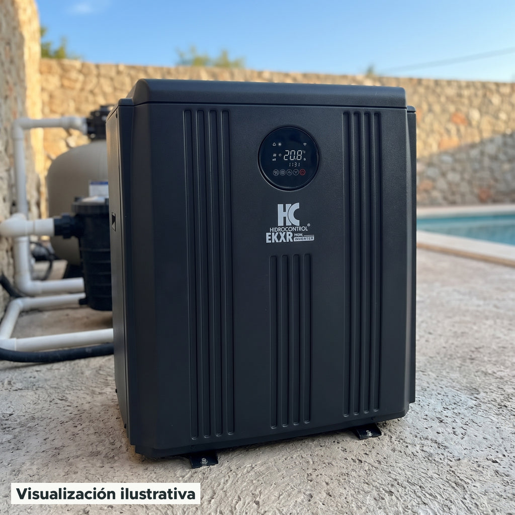 Visualización ilustrativa. El modelo EK95XR-M2-INVR preparado junto al área de mantenimiento de una piscina. El entorno muestra un ejemplo de contexto de uso; los accesorios de fondo se ilustran por separado.